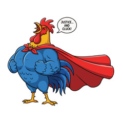 Gilpy-style rooster, 2D flat vector, chest puffed out heroically, wearing oversized flowing cape, beak open shouting bravely