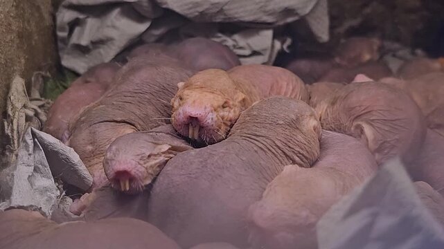 Close up view of piled up naked mole rates resting together
