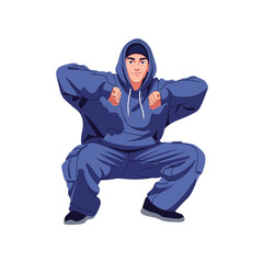 2D flat vector illustration of a gilpy teenage boy in oversized streetwear squatting low to the ground, bouncing to the rhythm with both elbows bent outward