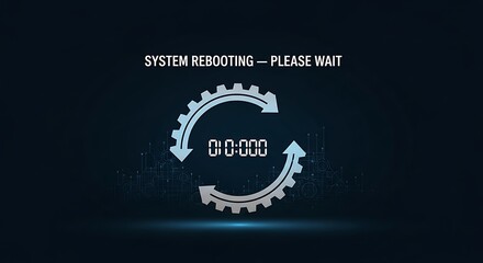 System rebooting process visualized with animated gear and digital timer creating modern technology background for IT updates