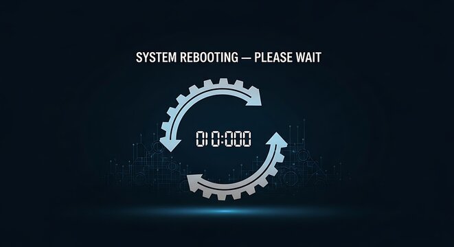 System rebooting process visualized with animated gear and digital timer creating modern technology background for IT updates