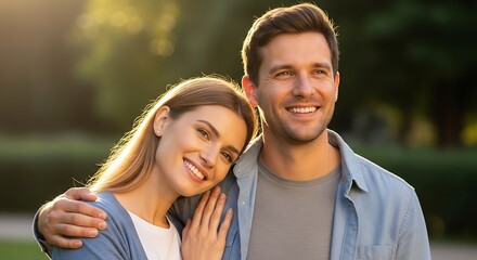 Obraz premium Happy Couple Enjoying a Sunny Day in the Park, Smiling and Looking to the Future Together