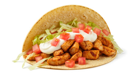 Delicious fresh chicken taco with grilled meat, lettuce, diced tomatoes, and sour cream in a soft tortilla, isolated on a white background for restaurant menu or food advertising.