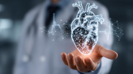 Doctor Holding Digital Heart Model in Palm of Hand, Illustrating Healthcare Innovation and Medical Breakthroughs for Pharmaceutical Marketing : Generative AI