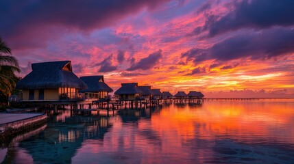 Obraz premium A breathtaking sunset casts vibrant colors across the sky and water, illuminating the water bungalows in a tropical setting while creating serene reflections.