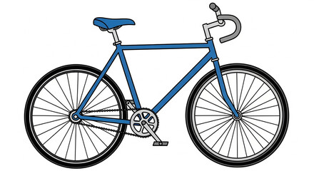 A detailed illustration of a blue bicycle with black tires and a curved handlebar.