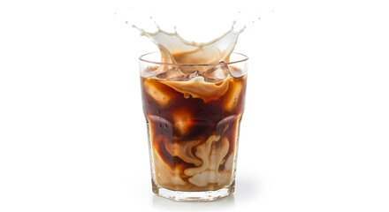Dynamic splash of cream pouring into a refreshing glass of cold brew iced coffee with ice cubes, isolated on a clean white background for a summer beverage menu.