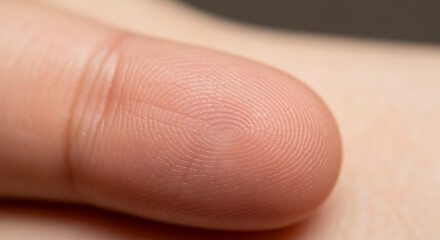 Extreme close-up macro photograph of a human thumb showcasing the unique swirling fingerprint lines, representing identity, data security, biometric authentication, and individual recognition.