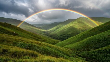 Fototapeta premium Rainbow Over Green Rolling Hills, Representing Hope and Environmental Sustainability in a Scenic Landscape : Generative AI