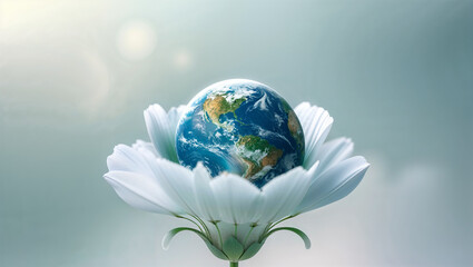 Globe on blooming flowers, representing sustainable living, environmental awareness, and nature love.