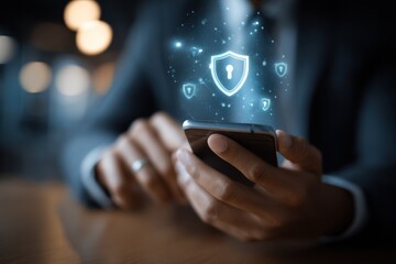 Man Using Smartphone With Digital Security Shield Overlay, Promoting Cybersecurity Awareness and Data Protection Solutions : Generative AI