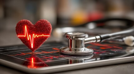 A doctor's stethoscope on an ECG strip is a symbol of heart health and love on Valentine's Day, often a red illustration concept