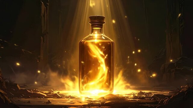 Mystical Glowing Elixir Bottled: Captivating Fire Energy Within a Golden Light