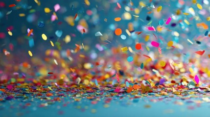 Colorful Confetti Falling on a Blue Surface, Symbolizing Celebration and Event Planning for Marketing Campaigns and Special Occasions : Generative AI