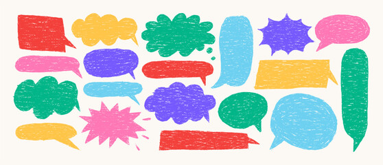 Crayon Speech Bubble Frame. Vector Hand Drawn Text Box of Pastel Colors. Chalk Talk Balloon in Comic Retro Style. Kids Doodle Dialog Chat