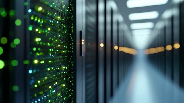 Server room data center network array with blinking lights