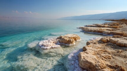 Obraz premium The serene shoreline of the Sea features unique salt formations. Gentle waves lap against the rocky edge as the sun sets, casting a warm glow over the tranquil waters.