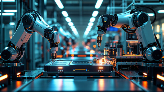Industrial robots at work in modern factory, illustrating smart manufacturing and automated production.