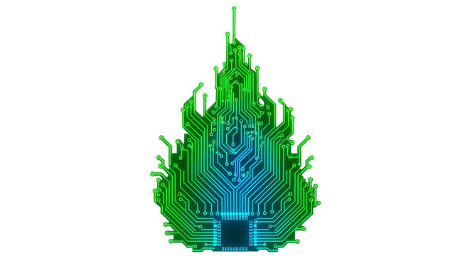 Glowing circuit board shaped like a flame with a CPU, representing a digital firewall, high processing power, or cybersecurity threat, isolated on a white background for tech concepts.