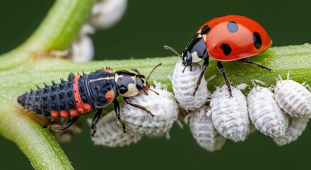 Two ladybugs and mealybugs on a plant stem