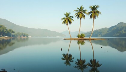 Tropical Island with Palm Trees Reflected in Calm Blue Water