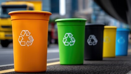 Colorful Recycling Bins in a Row on City Street, Symbolizing Environmental Awareness and Corporate Social Responsibility Initiatives : Generative AI