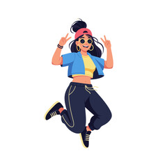 2D flat vector illustration of a gilpy teenage girl in streetwear crop top and jogger pants, jumping mid-air with a big cheerful smile, making a peace sign with both hands