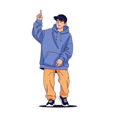 2D flat vector illustration of a gilpy teenage boy in oversized hoodie and cap, pointing one finger up while bouncing his body in rhythm