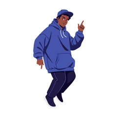 2D flat vector illustration of a gilpy teenage boy in oversized hoodie and cap, pointing one finger up while bouncing his body in rhythm