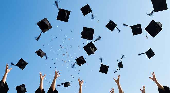 Graduates celebrating success and achievement by throwing their caps in the air at a commencement ceremony with confetti against a clear blue sky.
