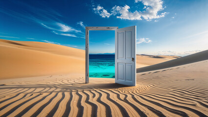 Surreal desert door opening to turquoise beach, representing freedom, travel, and new possibilities.