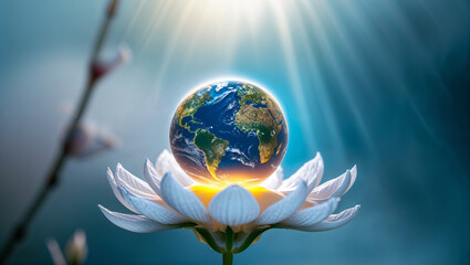 Globe on flowers concept, representing eco awareness, environmental protection, and sustainable living.
