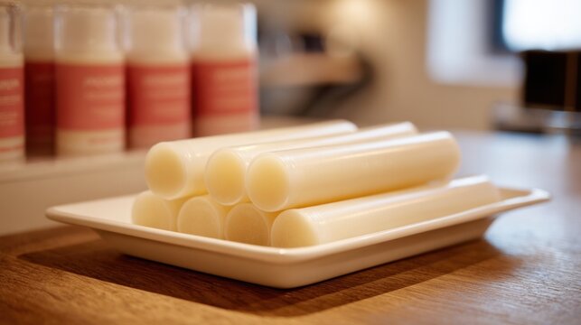 Wax sticks are neatly arranged on a white plate, surrounded by other wax products in a stylish store setting. The display highlights the smooth texture and cleanliness of the wax.