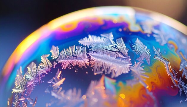 Vibrant Frozen Soap Bubble with Rainbow Hues and Ice Formations