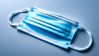 Protective mask on clean blue background, symbolizing medical hygiene, healthcare, and safety.