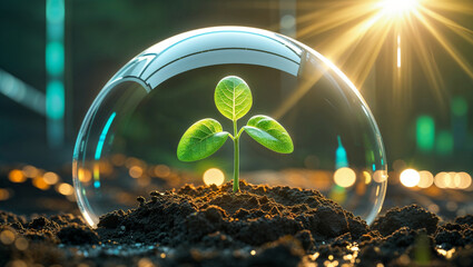 Young green plant under glass dome, symbolizing growth, sustainability, and environmental protection.
