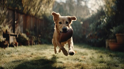 Golden Retriever Running With Football in Mouth, Representing Family Fun and Active Lifestyle in Backyard : Generative AI