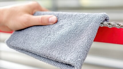 Precision Detail: A close-up shot of a hand meticulously cleaning a bicycle chain with a soft, gray cloth, highlighting the care and maintenance involved in cycling.