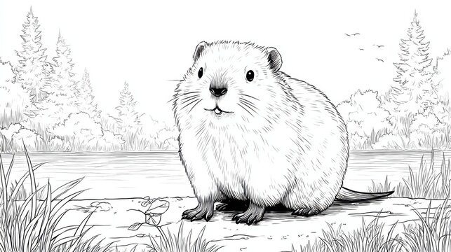 Beaver Standing Near a River in Black and White Line Art, Depicting Wildlife Conservation and Environmental Awareness : Generative AI - Powered by Adobe