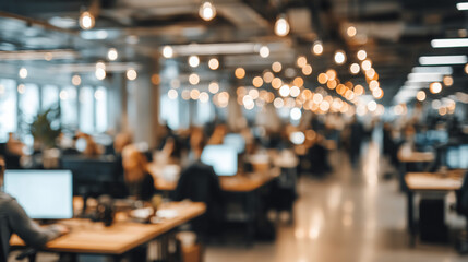 Obraz premium A blurred office space filled with people working at desks, illuminated by warm, decorative lights creating a modern and vibrant atmosphere.