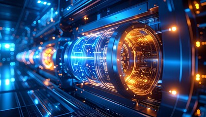 Futuristic Sci-Fi Technology Tunnel with Glowing Blue and Orange Energy and Data Flow