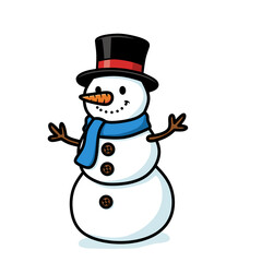 Cartoon snowman wearing a black hat, red band, blue scarf, carrot nose, and buttons, isolated on white background, cheerful winter character for Christmas, holiday, or seasonal design