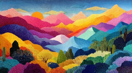 Colorful Mountain Range at Sunset in Pointillism Style, Ideal for Travel and Tourism Campaign, Inspiring Adventure and Exploration : Generative AI