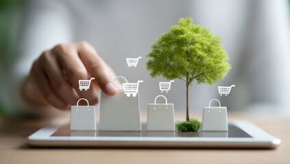 Hand Touching Shopping Bag on Tablet With Tree, Representing Sustainable E-Commerce and Eco-Friendly Business Practices : Generative AI
