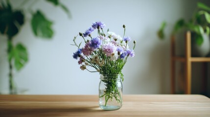 Cornflowers and White Flowers in Mason Jar on Wooden Table, Representing Home Decor and Floral Arrangement Ideas for Interior Design Projects : Generative AI