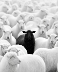 Black Sheep Standing Out in a Crowd of White Sheep, Showcasing Individuality and Uniqueness for Personal Branding and Career Advancement : Generative AI
