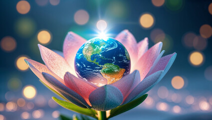 Earth resting on vibrant flowers, symbolizing environmental care, sustainability, and save the planet.