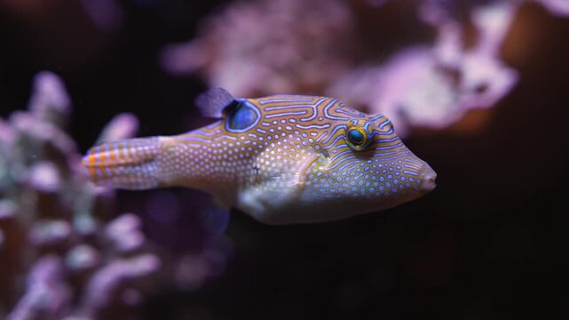 Close up of Suitcase-fish also trunk fish swimming around right in front of the camera beside a coral reef underwater.