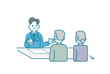 シニアの男女に資料を説明するビジネスマン