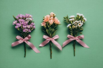 Three Small Bouquets of Flowers Tied With Pink Ribbons on Green Background, Symbolizing Celebration and Appreciation : Generative AI